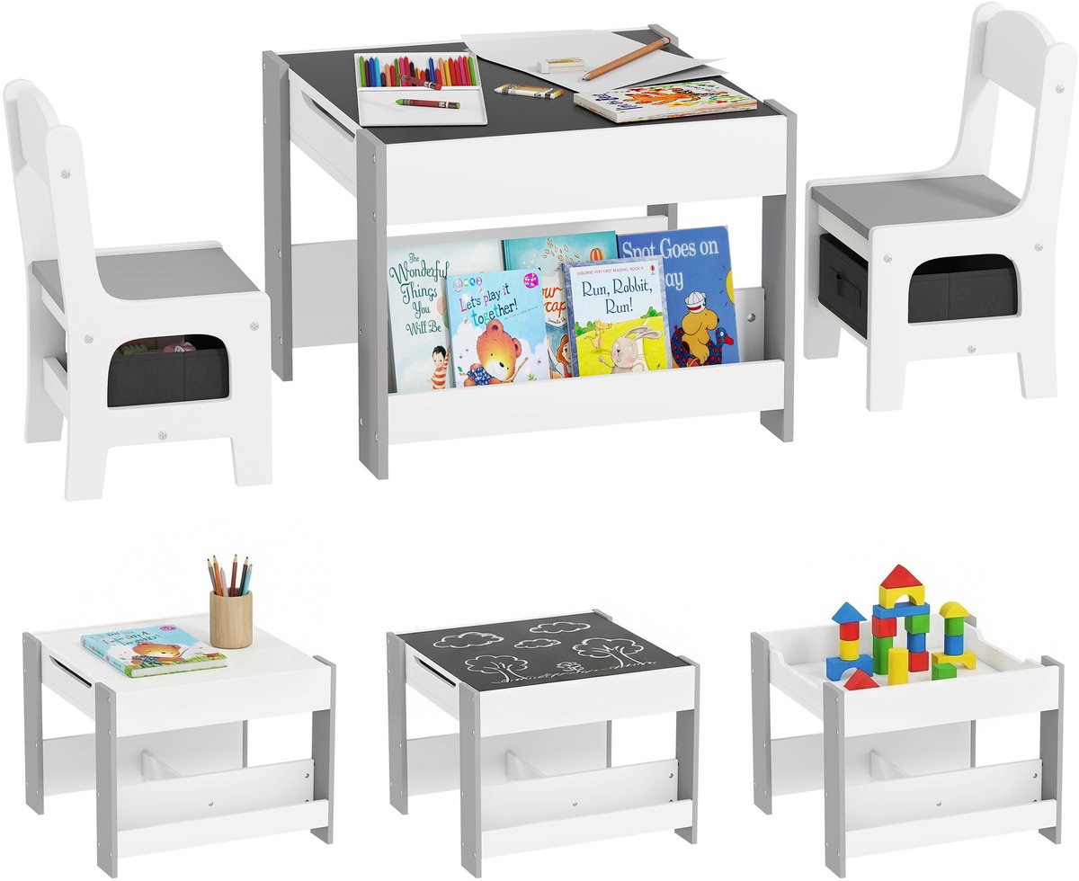 3-delige set met tafel en 2 kinderstoelen met omkeerbaar bord als tafelblad, opbergmand en planken