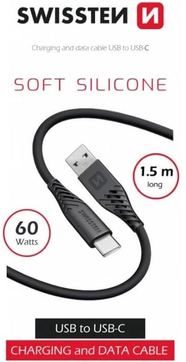 USB/USB-C kabel 1,5 meter - zacht siliconen - geschikt voor snelladen tot 60W - zwart