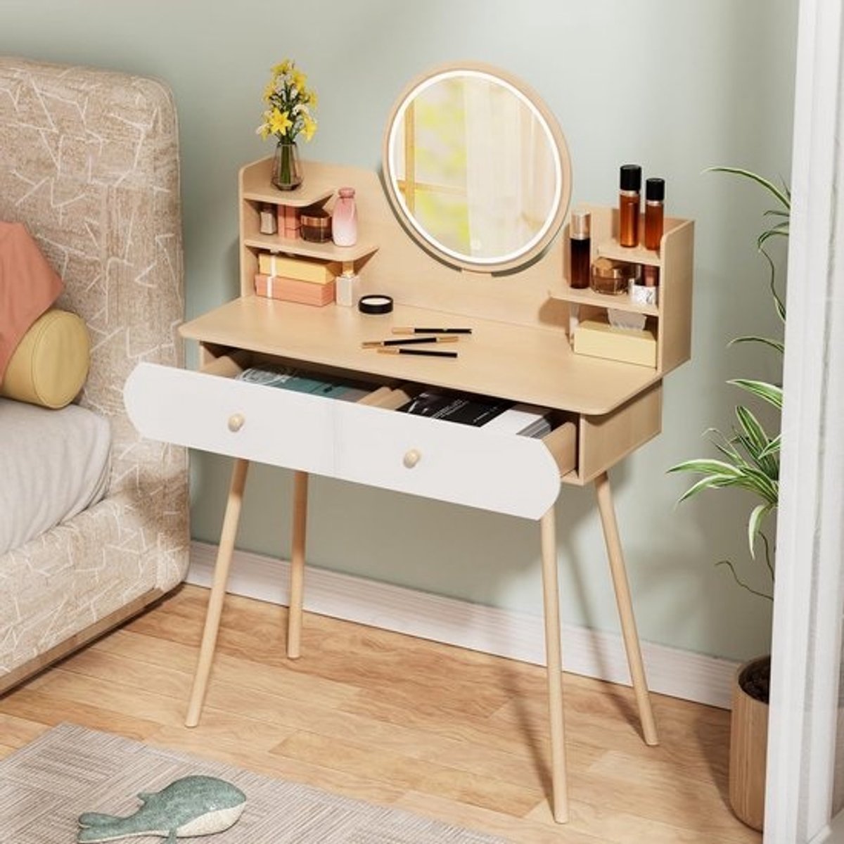 Verstelbare LED Make-up Tafel met Spiegel, 3 Lichtmodi en Opbergruimte