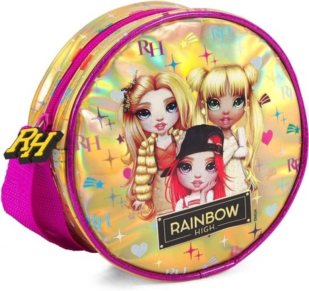 Kleurrijke Mini Ronde Handtas voor Meisjes - Schoudertas met Regenboog Print en Glitter - Compacte Tas voor Feestjes en Avonturen - 17x17x6 cm