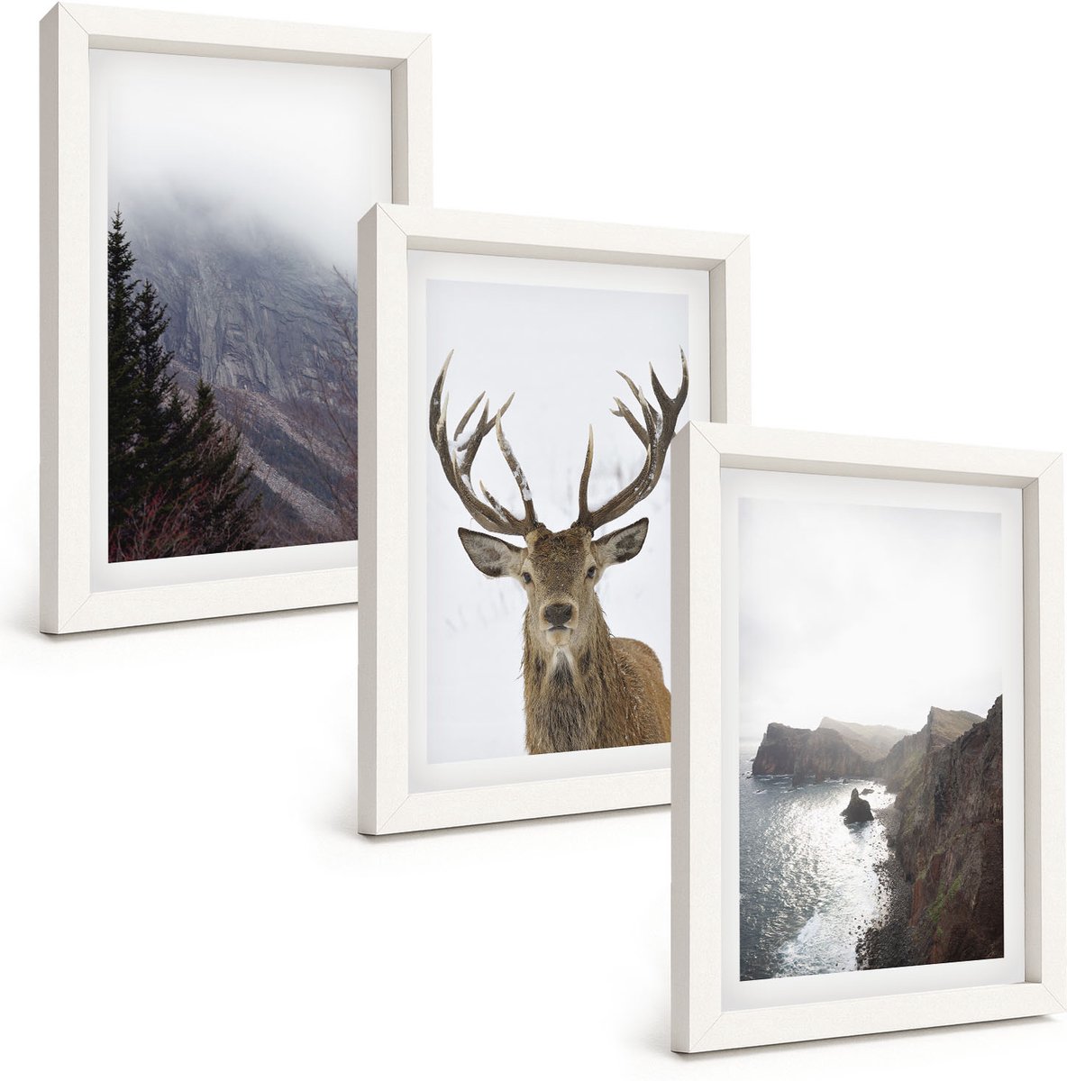 Wallfluent 3-Delige Schilderij Set - Berglandschap Met Mist, Water En Herten - 20 x 30 - Muurdecoratie - Wanddecoratie - Hal - Moderne Wanddecoratie