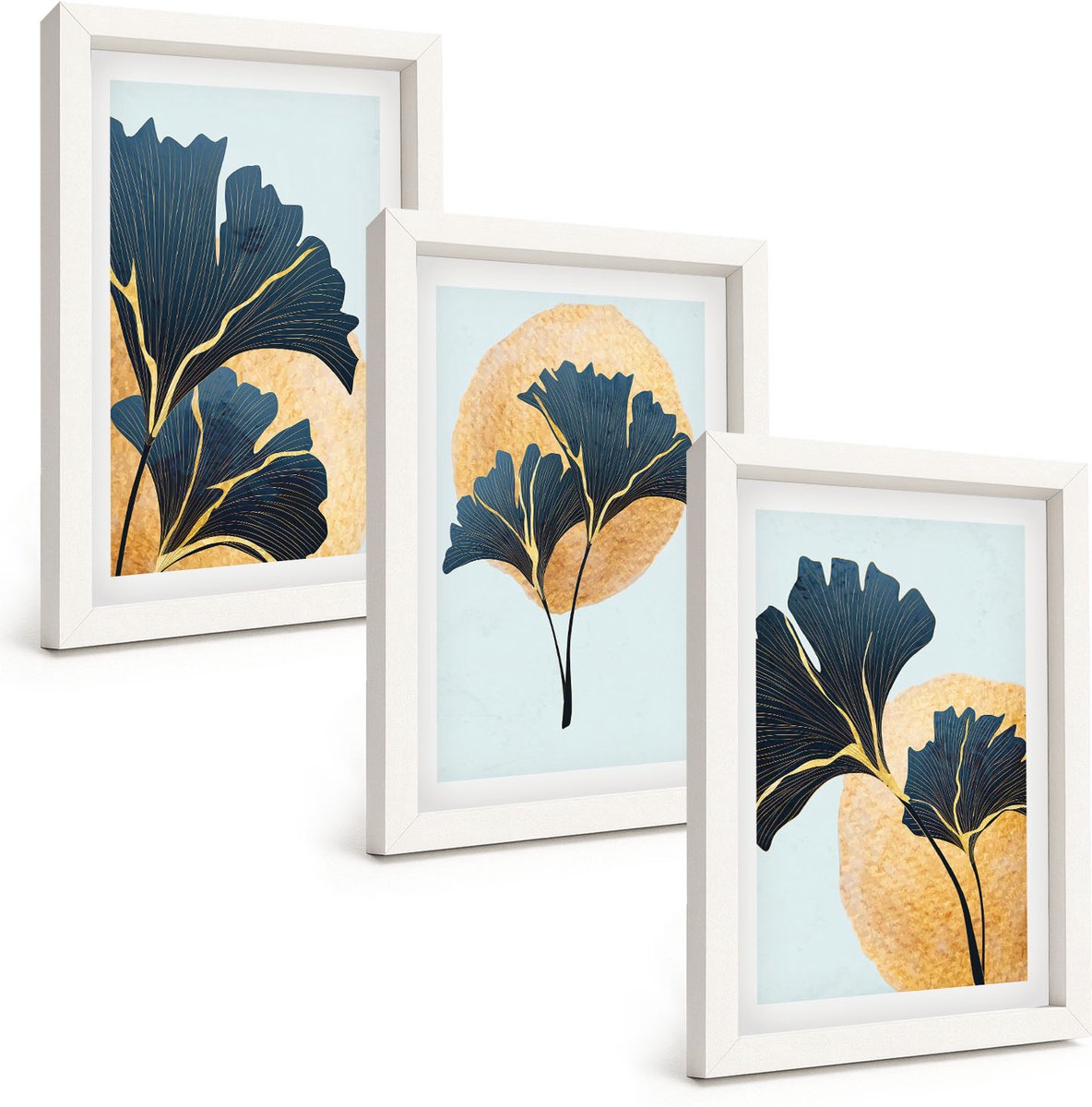 Wallfluent 3-Delige Schilderij Set - Esthetisch Aantrekkelijke Ginkgobladeren Op Een Lichte Achtergrond. - 20 x 30 - Decoratieve Schilderijen - Woonkamer - Interieur - Moderne Wanddecoratie