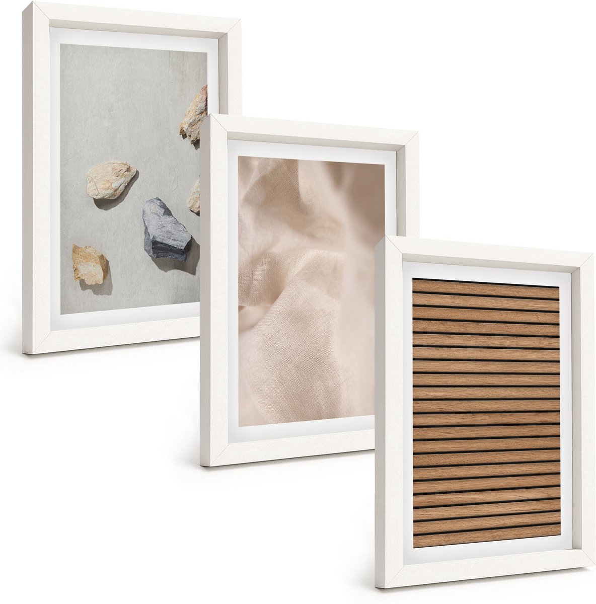 Wallfluent 3-Delige Schilderij Set - Stenen Hout Stof Diverse Texturen - 20 x 30 - Muurdecoratie - Interieur Decoratie