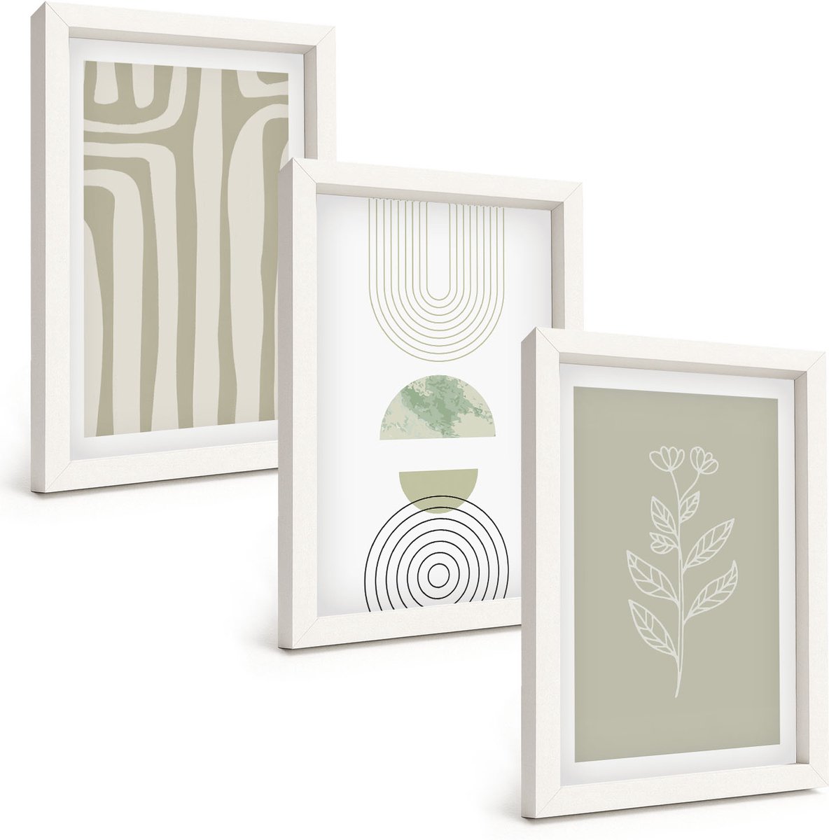 Wallfluent 3-Delige Schilderij Set - Geometrische Patronen Met Plantenaccenten In Groene Tinten. - 20 x 30 - Wanddecoratie - Woonkamer Decoratie - Stijlvolle Muurdecoratie
