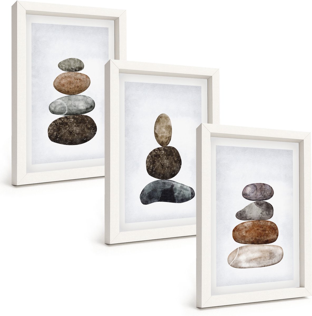 Wallfluent 3-Delige Schilderij Set - Minimalistisch Boho-Schilderij Van Steenstapels - 20 x 30 - Muurdecoratie - Decoratieve Schilderijen - Wohnzimmer - Wanddecoratie