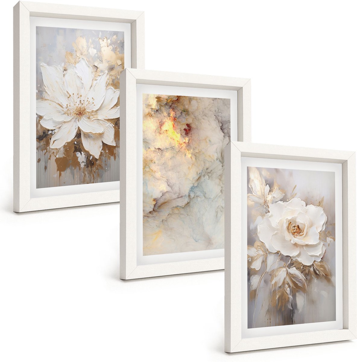 Wallfluent 3-Delige Schilderij Set - Bloemen Op Een Lichte Achtergrond Met Abstracte Patronen. - 20 x 30 - Stijlvolle Muurdecoratie - Kantoor