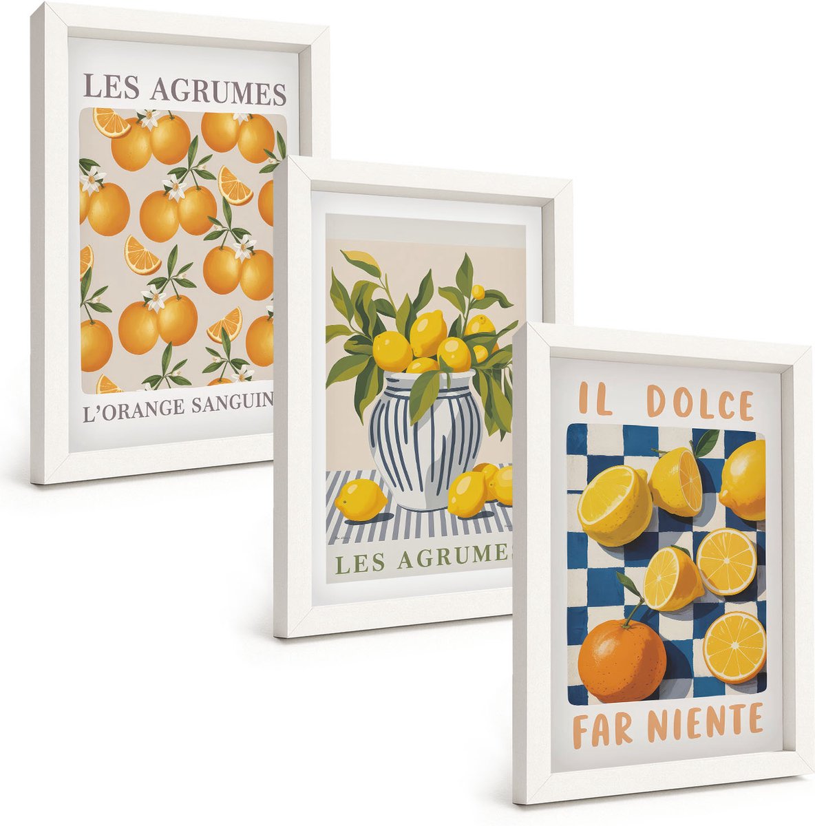 Wallfluent 3-Delige Schilderij Set - Retro Citrusvruchten Met Gele Accenten - 20 x 30 - Moderne Wanddecoratie - Slaapkamer - Stijlvolle Muurdecoratie