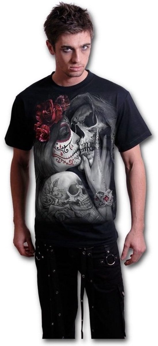 Zwart Gothic Horror Rock T-shirt met Spiral Dead Kiss Design