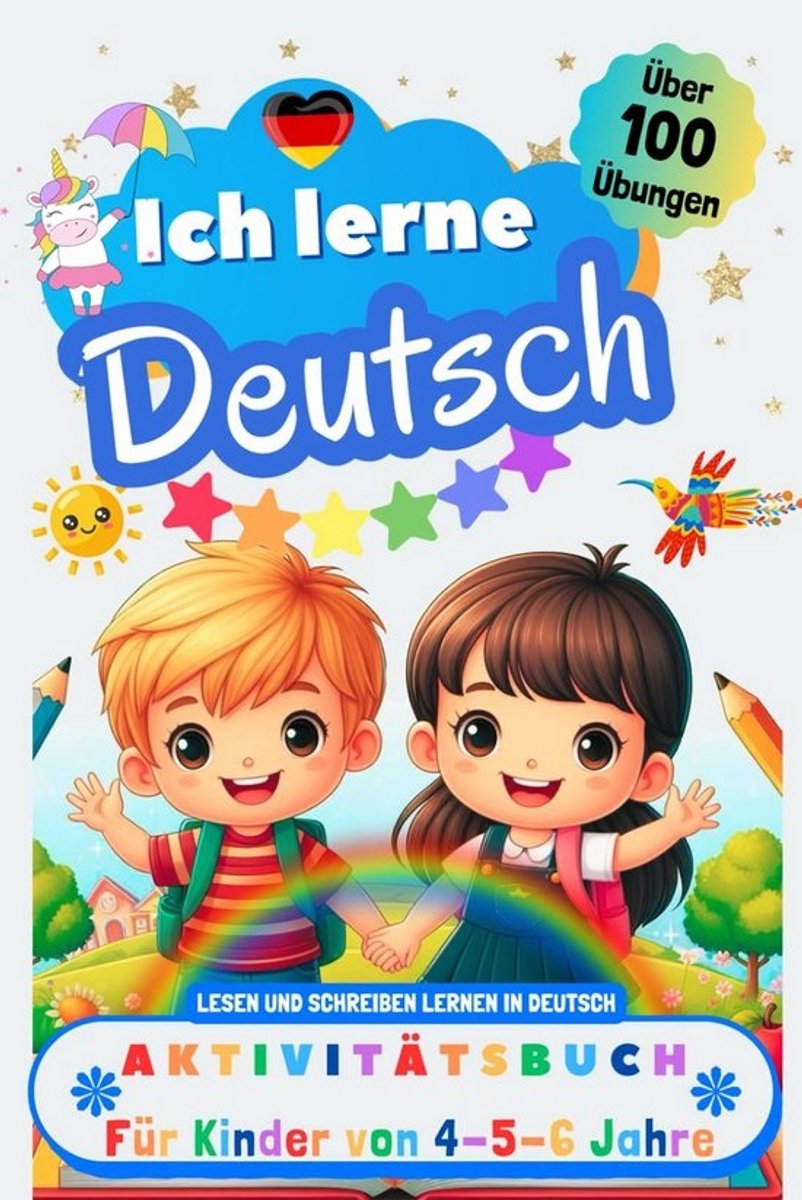 Duits taalboek voor kinderen 4-6 jaar - Lezen en schrijven leren met 100+ spelenderwijs oefeningen, activiteitenboek met letters, woorden en kleurplaten
