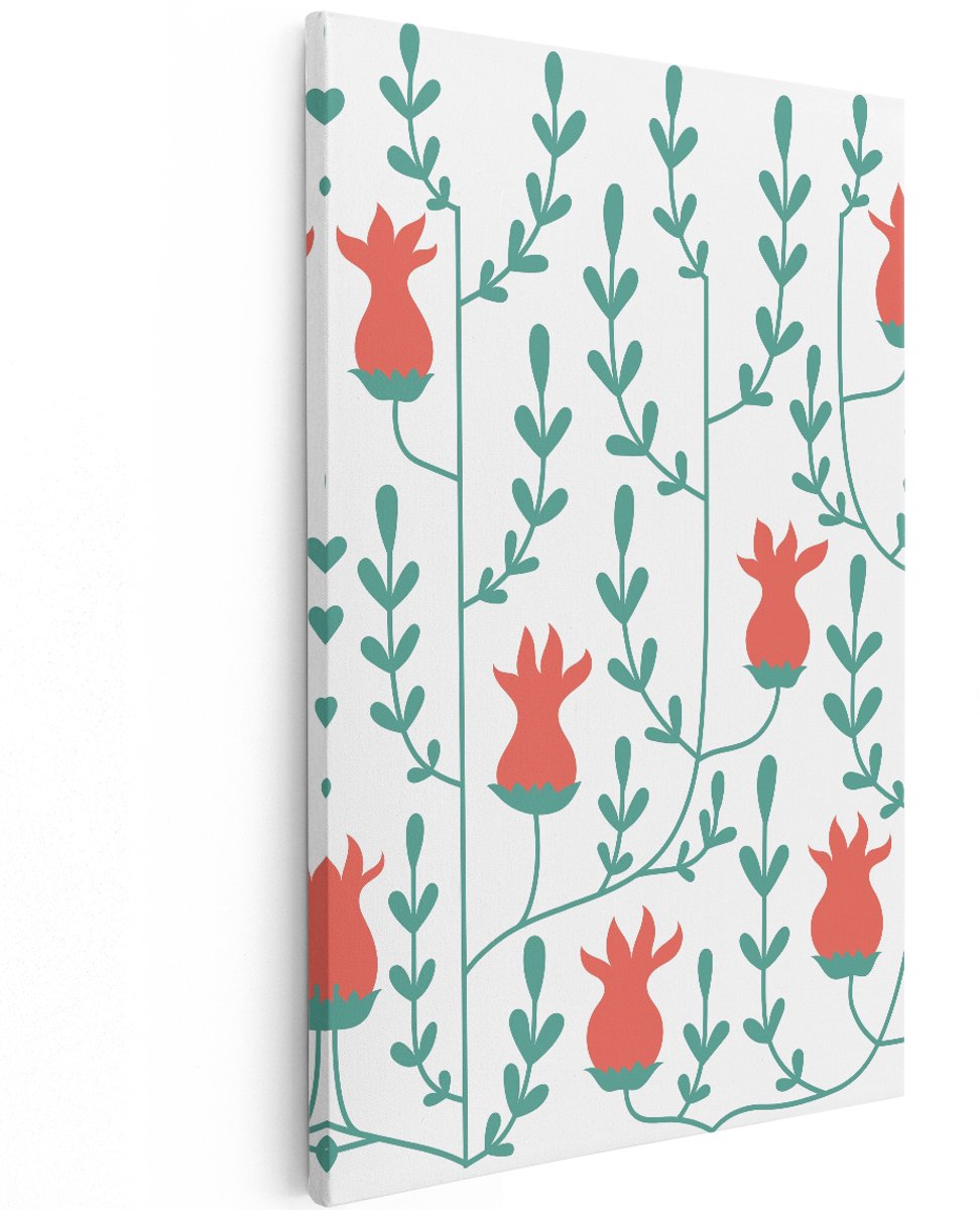 Artaza Canvas Schilderij Bloemen Patroon - 120x180 cm - Groot - Wanddecoratie Bloemen - Muurdecoratie Botanisch - Decoratie Woonkamer - Rood Groen