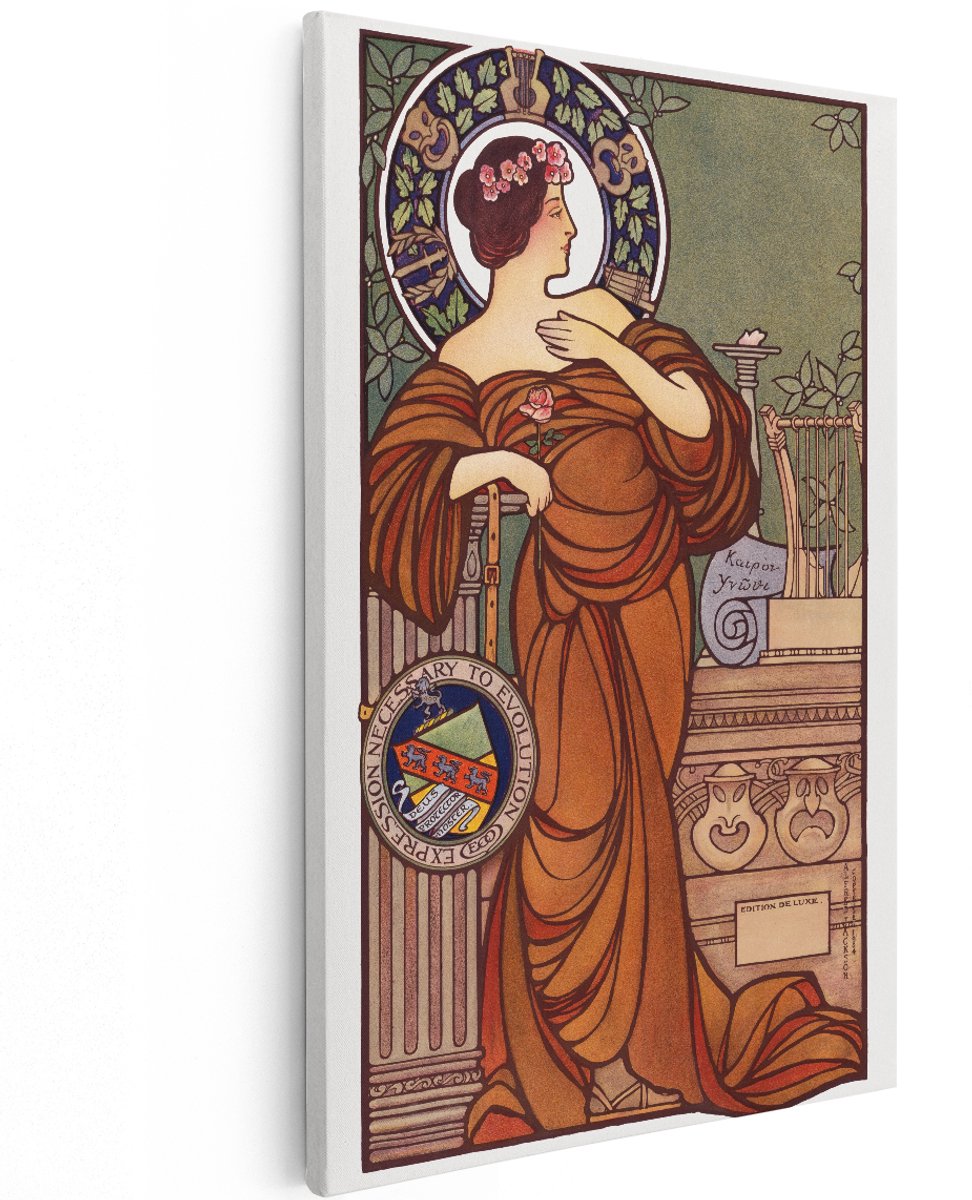 Artaza Canvas Schilderij Vrouw - 120x180 cm - Groot - Wanddecoratie Art Nouveau - Muurdecoratie Vintage Roos - Decoratie Symbolische Kunst