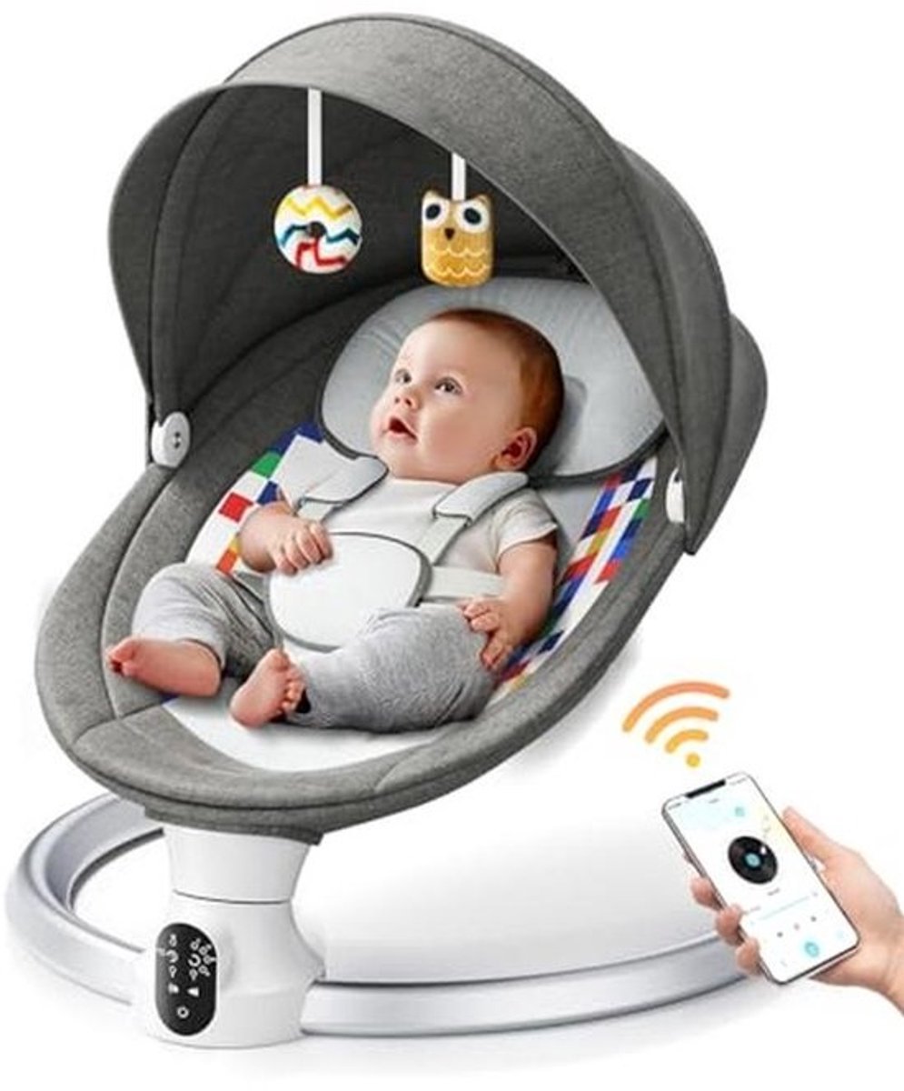 Elektrische Babyschommel Lichtgrijs met Afstandsbediening en App Controle voor Kinderen tot 9 kg