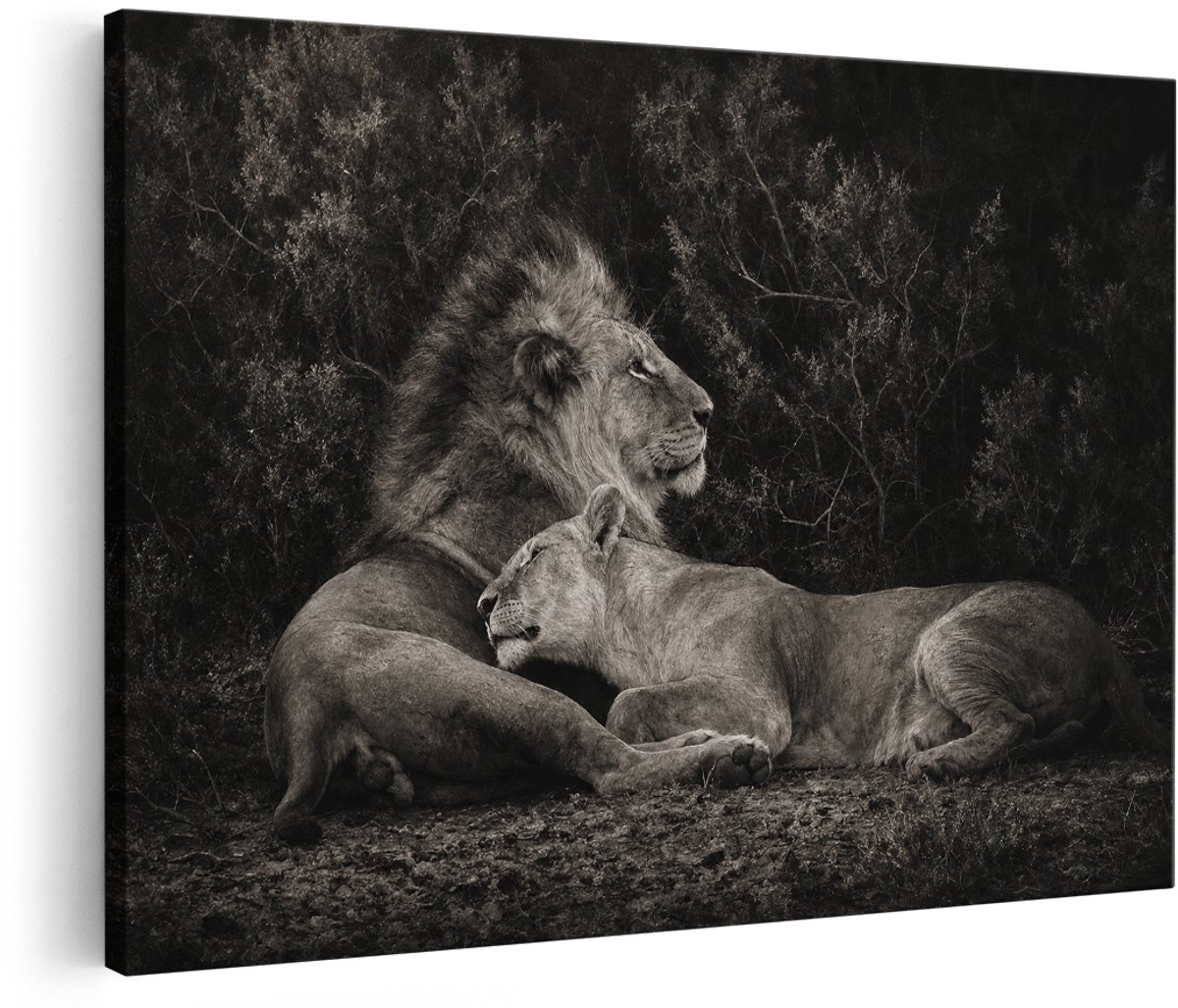 Artaza Canvas Schilderij Leeuw en Leeuwin - Zwart Wit Natuur - 150x100 cm - Groot - Wanddecoratie Woonkamer - Schilderijen - Muurdecoratie