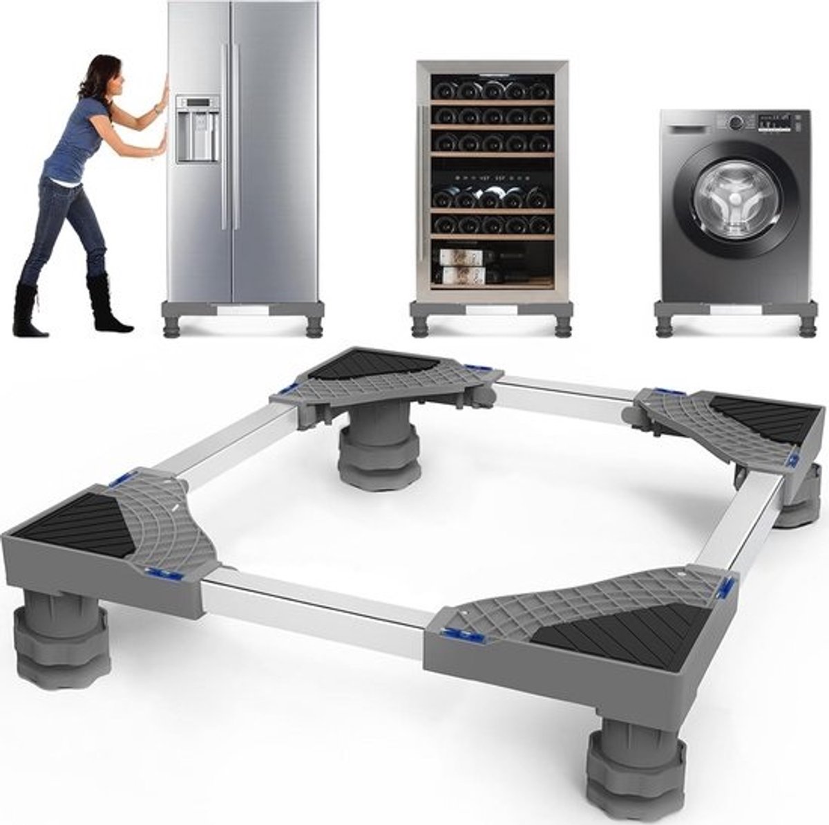 Verstelbare Wasmachinebasis met 4 Wielen - Onderstel tot 200 kg - Geschikt voor Breedte 42-65 cm - Hoogte 10-14 cm
