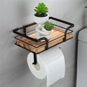 Zwarte wandrek met houten plank en toiletrolhouder. Met witte figuur met plantjes en wc-rol.