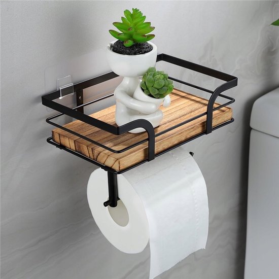 Zwarte wandrek met houten plank en toiletrolhouder. Met witte figuur met plantjes en wc-rol.