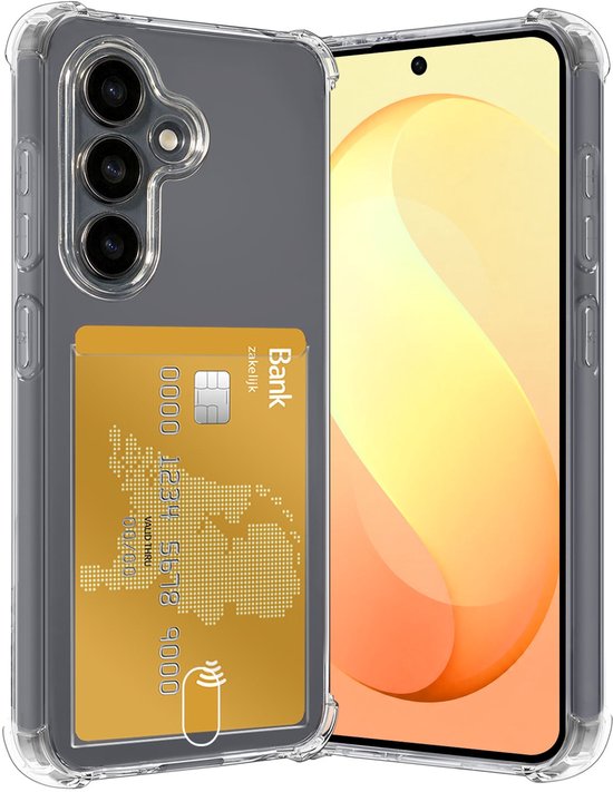 Coque transparente avec emplacement pour une carte bancaire et trois appareils photo au dos.