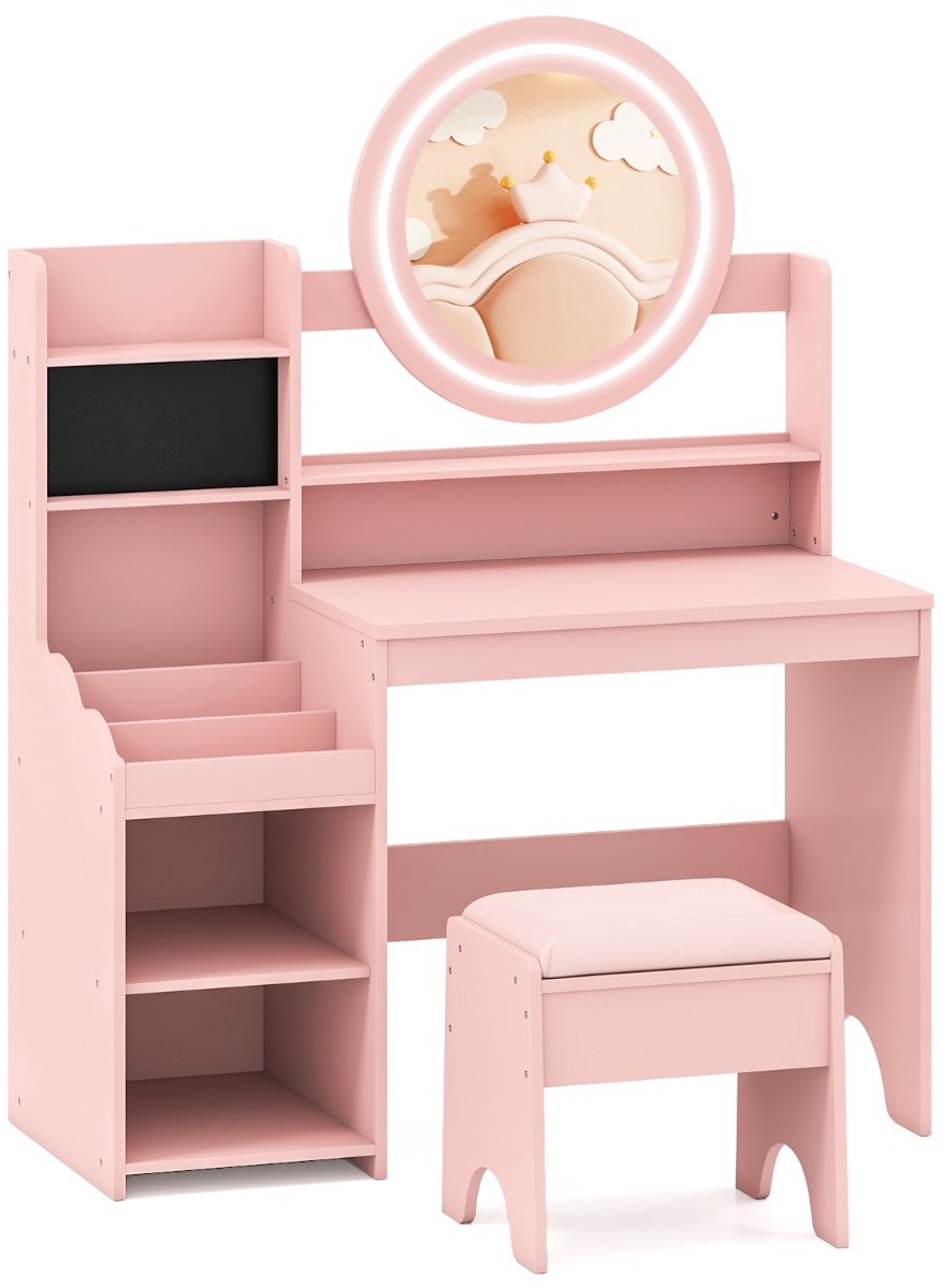 SureDeal® - Kaptafel - Kinderschminktafel - Spiegel - Verlichting Prinsessenspeeltafel - Plank Ringgleuven - 84x37x107 cm - Roze
