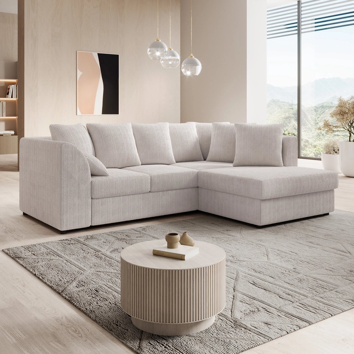 Meubella - Hoekbank Alfort - Beige - Ribstof - Rechts