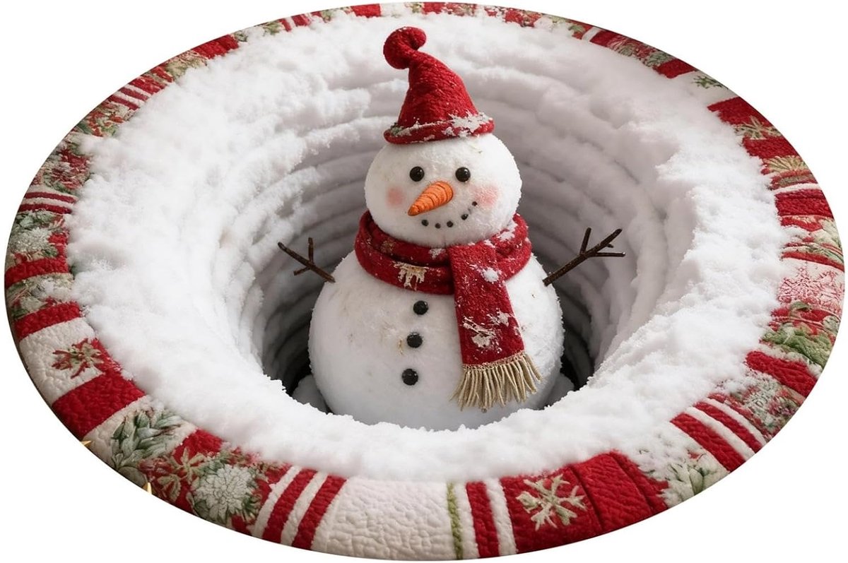 ZVD 3D kersttapijt — sneeuwman van kerstmis optische illusie tapijt — rond werveltapijt — decoratief kersttapijt met dieptemotief — kerstman gewatteerde antislip mat — geschikt voor feestelijke entree woonkamer slaapkamer — 60×60CM wit