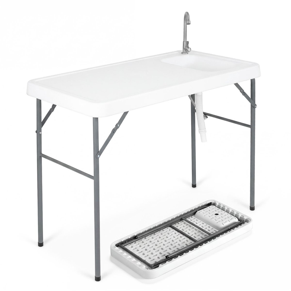 SureDeal® - Kamper - Opvouwbare Visreinigingstafel Fileertafel - Meetlat Spoelbak - Kraan - 114x59x113 cm - Wit