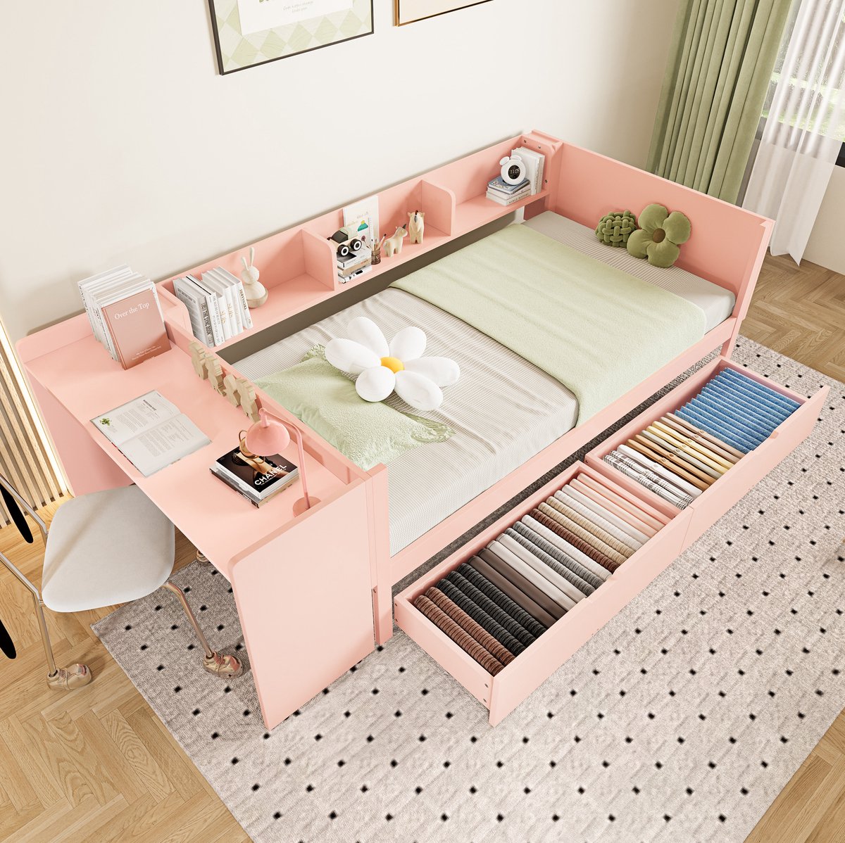 REDOM - Bed - Met bureau en opbergruimte - Met 2 lades en boekenplank - Functioneel - Kinderkamer - Hout en spaanplaat - Roze - 90 x 200 cm