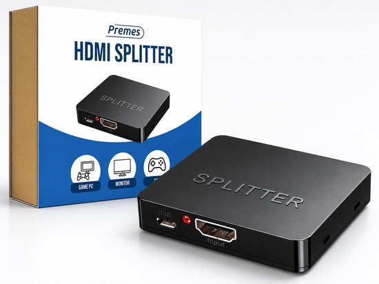 Zwarte HDMI-splitter naast de verpakking met iconen van Game PC, Monitor en Console.