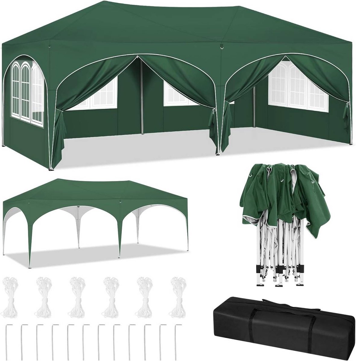 Waterdichte feesttent - voorzien van 6 afneembare zijwanden met klittenband - 2 met ritssluiting en 4 met ramen - Groen