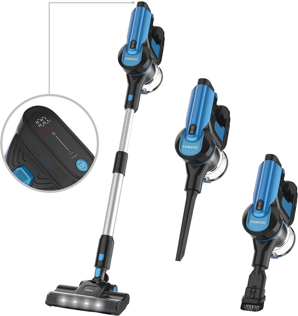 Zwarte Blauwe Snoerloze Steelstofzuiger 260 W, 23 kPa, LED Display, Zachte Rolborstel, HEPA-filter, 50 min Gebruiksduur, Draadloze Stofzuiger met Afneembare Accu, voor Harde Vloeren, Tapijt en Huisdieren