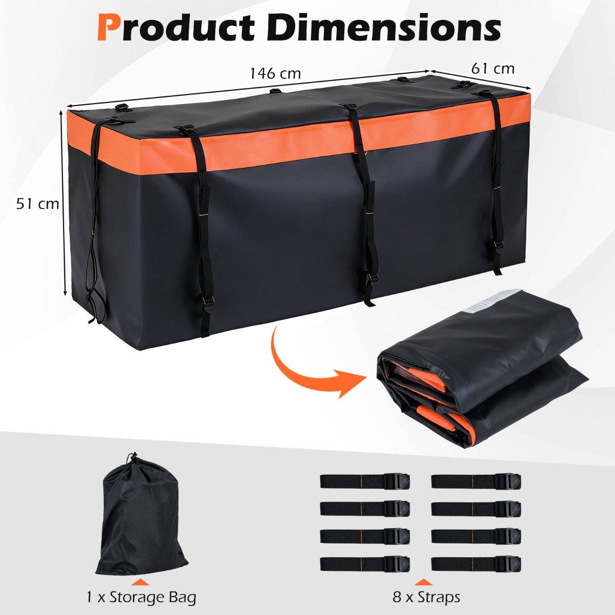 SureDeal® - Kamper - Achterbak - Trekhaak - Waterdichte - Opvouwbare Achtertas PVC - Verstevigde Riemen - 129x42x45 cm - Oranje+Zwart