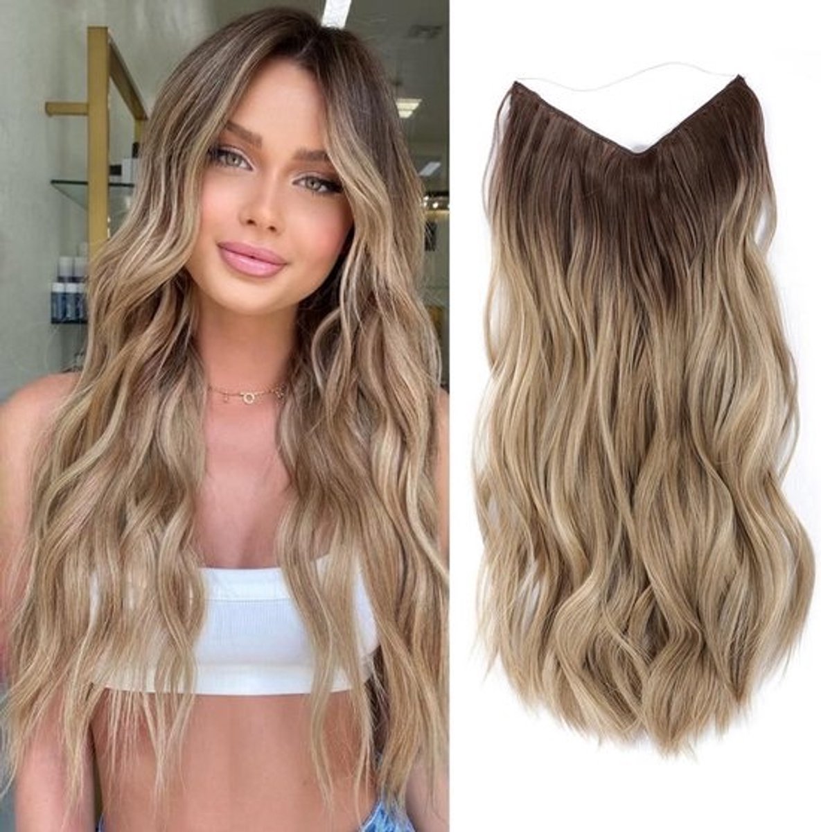 Onzichtbare Haarextensions 40 cm met Draad - Krullend Synthetisch Haarstuk met Clips