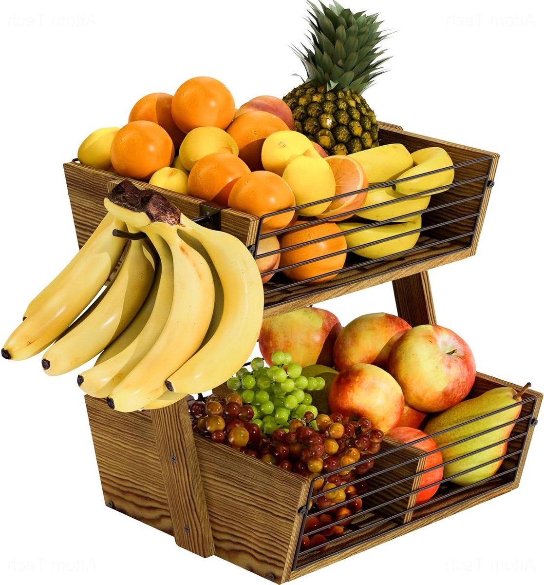 Houten Fruitmand - Keuken Organizer - Aanrecht Opbergen - Met Afneembare Haak - 2 Lagen - Bruin