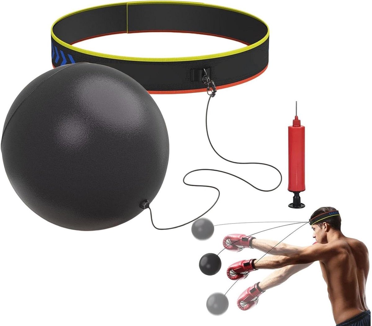 Boksbal Hoofdband - Trainingsbal Reflex - Bokstraining Thuis - Opblaasbaar Ontwerp - Verstelbaar - Zwart