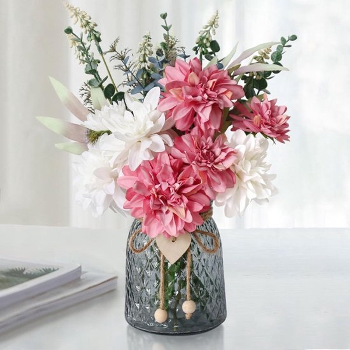 Kunstbloemen in vaas - Nepbloemen bloemstuk - Woonkamer decoratie - Zijde en plastic - 38.1H cm - Roze