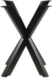 Zwart stalen matrix onderstel voor tafel, met schuine X-vormige poten en een rechte verticale staander.