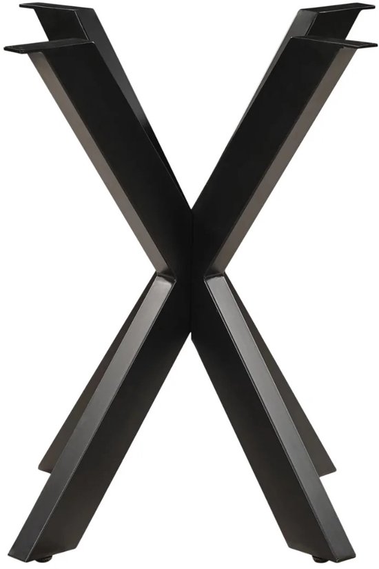 Zwart stalen matrix onderstel voor tafel, met schuine X-vormige poten en een rechte verticale staander.