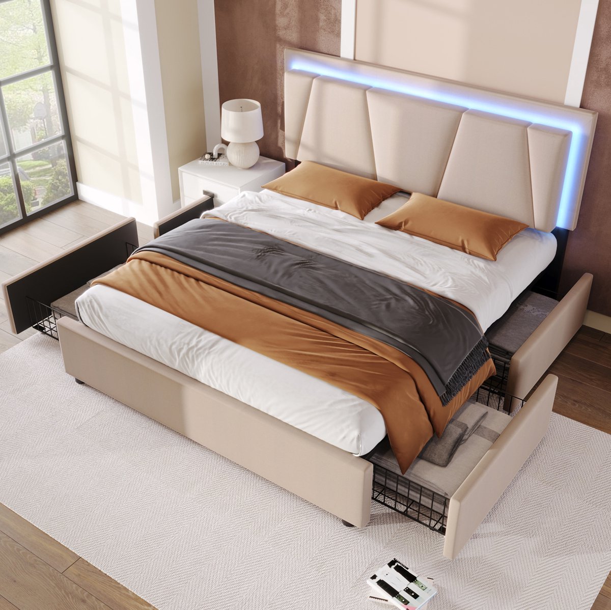 Wishdor Tweepersoonsbed 140x200 cm - Verstelbaar hoofdeinde en ledverlichting - 4 lades met opbergruimte - Modern gestoffeerd - Slaapkamer volwassenen - Beige