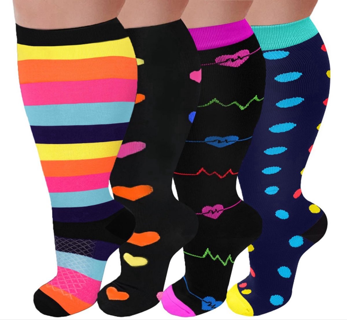 Compressiekousen-Compressie sokken-Dames en heren steunkousen-Hardlopen-XXL-Overknee sokken-Brede kuitsokken-4 paar