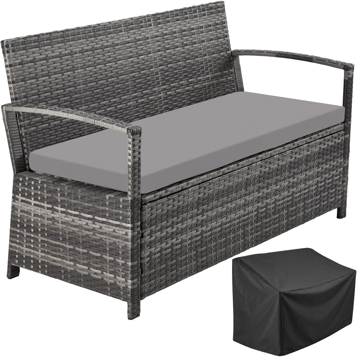 tectake® Wicker Tuinbank 2-Zits – Tuinbank met Opbergruimte – Weerbestendige Polyrattan Bank met Zitkussen en Beschermhoes – Armleuningen en Hoge Rugleuning – 128 x 56 x 77,5 cm – Grijs