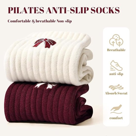 Antislip Pilatessokken voor dames - Verpakking van 2 paar - One size fits all - Antislip en zacht - Geschikt voor Pilatesapparatuur, yoga, fitness en andere oefeningen - Enkellange antislipsokken - Sokken tot halverwege de kuit met strikpatroon — afbeelding 3