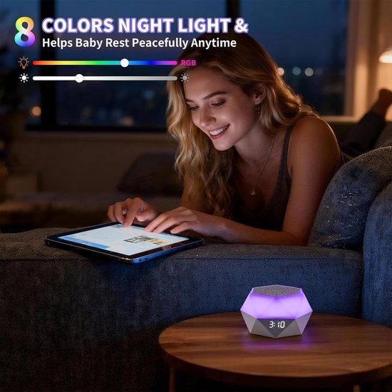 Witruismachine met Licht - Geluidsmachine met 32 Kalmerende Geluiden en App-afstandsbediening - Timer - Witruismachine voor Volwassenen en Baby’s - Slaapkamer en Cadeau — afbeelding 5