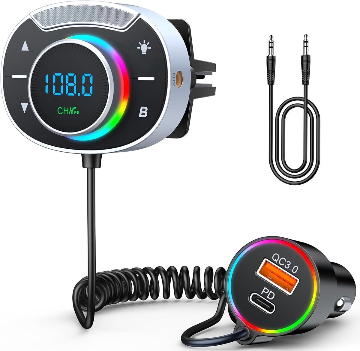 Bluetooth 5.3 FM Transmitter - Auto Snel Lader Carkit Bluetooth Receiver Auto – QC3.0 & PD30W Snellader, Handsfree Bellen, Bassversterker, Kleurrijke LED-verlichting, Luchtroosterbevestiging, Ondersteunt AUX-uitgang