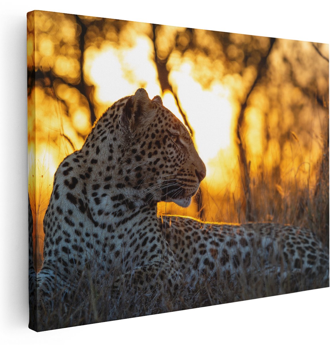 Artaza Canvas Schilderij Luipaard Tijdens De Zonsondergang - 160x120 cm - Groot - Wanddecoratie Woonkamer - Schilderijen - Muurdecoratie