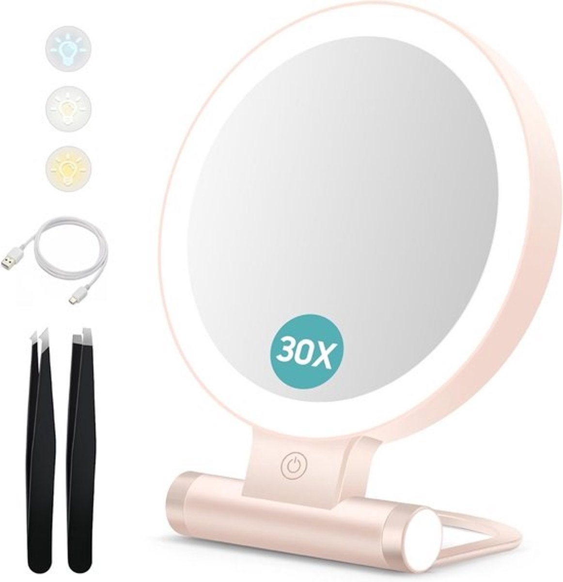 Vergroot Make-up Spiegel met 3 Kleur Dimbaar Licht voor Tafel en Reis