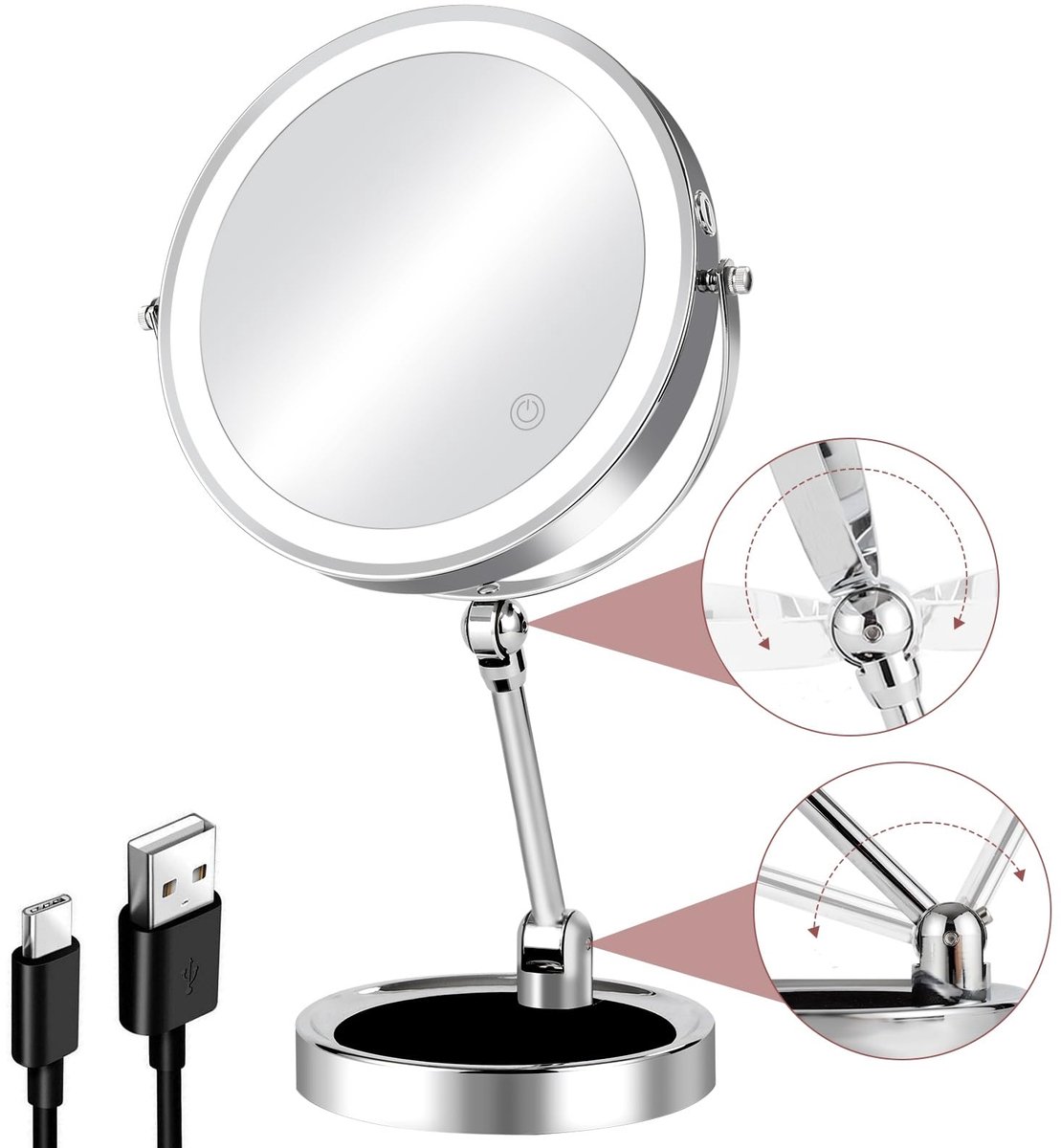 Cosmeticaspiegel - Met verlichting (3 kleuren, instelbare helderheid) en 1X/10X vergroting - Oplaadbaar, in hoogte verstelbaar en 360° draaibaar - 8 inch, Chroom