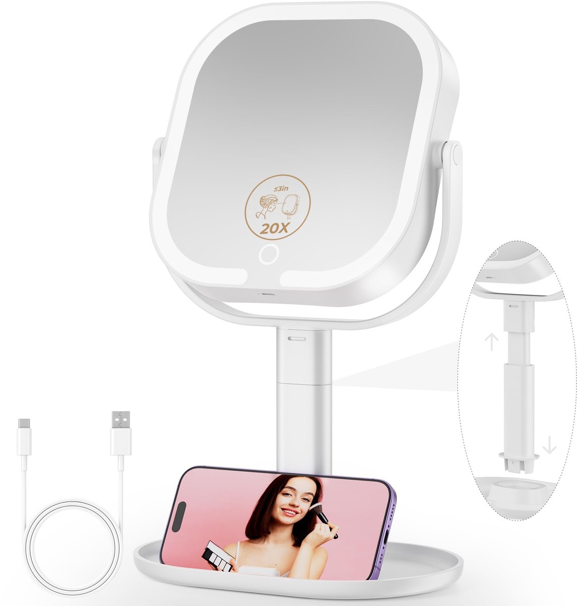 LED Make-up Tafelspiegel - Met 20x vergrotende afneembare spiegel - 3 dimbare lichtkleuren, dubbelzijdig en 360° draaibaar - Voor cosmetica