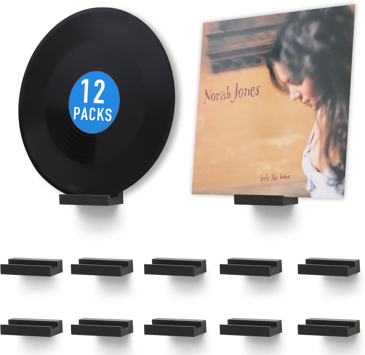 Massief Eikenhouten Platenrek - Voor Wandmontage - Voor LP's, Albums en Foto's - Rustiek Zwart, 12 Stuks