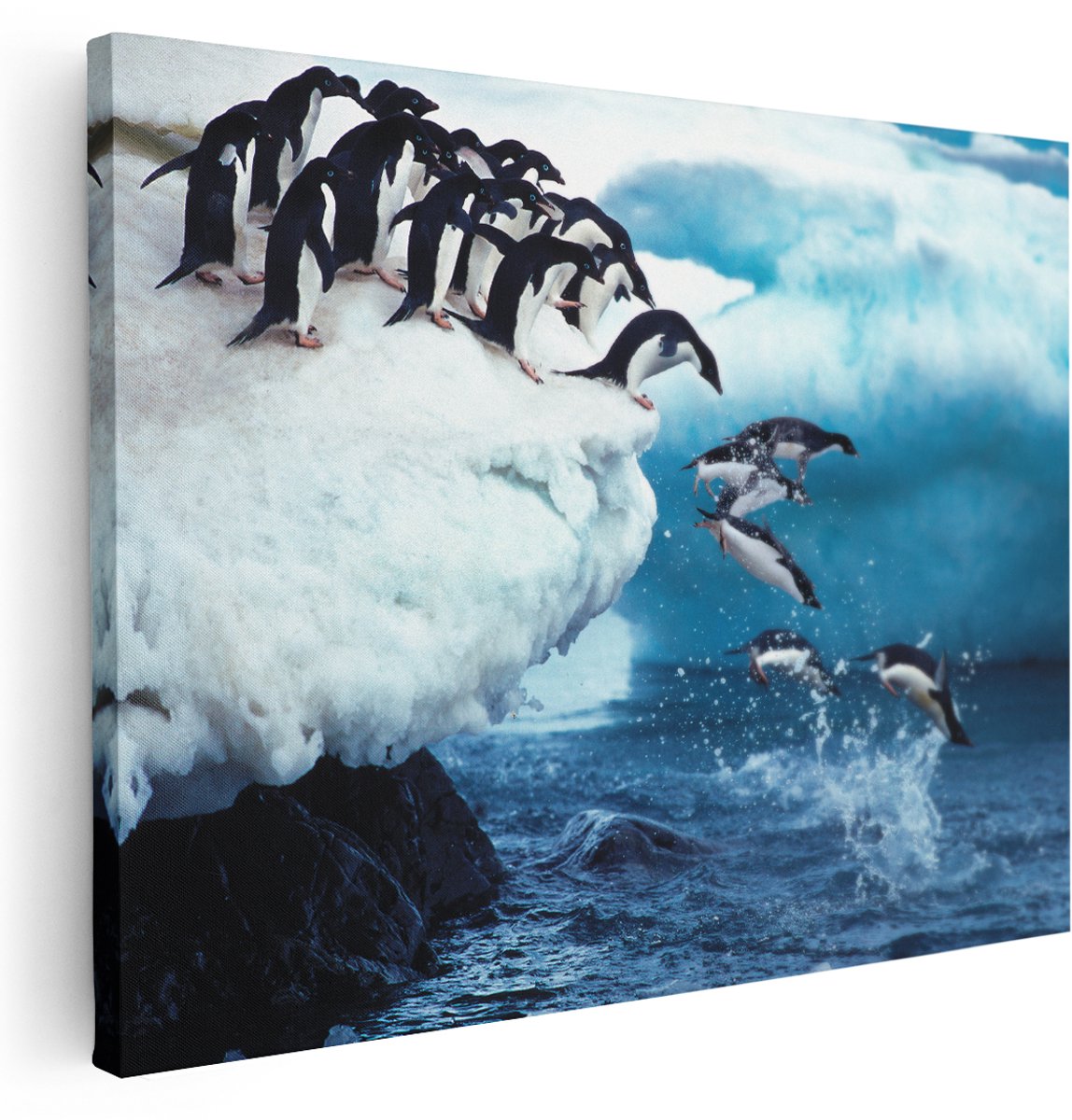 Artaza Canvas Schilderij Kudde Pinguïns Springen vanaf een Rots - 160x120 cm - Groot - Wanddecoratie Woonkamer - Schilderijen - Muurdecoratie