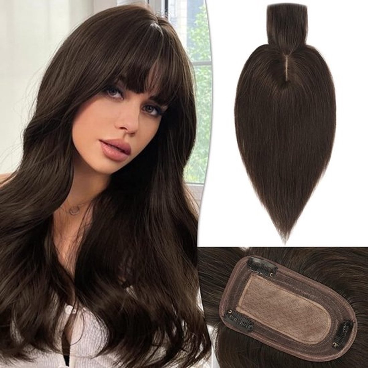 Haartopper met Pony voor Dames - 100% Echt Menselijk Haar Clip-in Haarstuk voor Dames met Dunner Wordend Haar - Zijden Basis 7.5*13CM - Donkerbruin