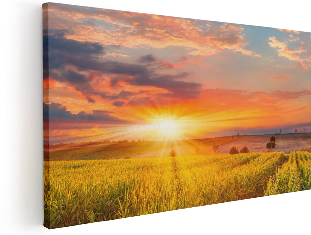 Artaza Canvas Schilderij Zonsopgang Op Het Maïsveld - 180x90 cm - Groot - Wanddecoratie Woonkamer - Schilderijen - Muurdecoratie